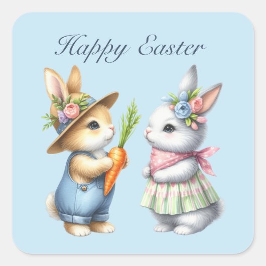 Schattigee Happy Easter konijnen waterverf Vierkante Sticker (Voorkant)
