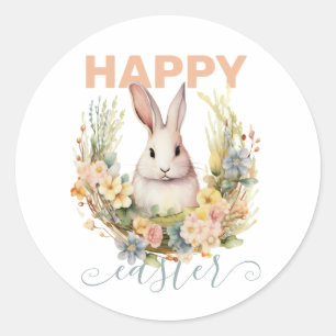 Schattigee Happy Easter met Bunny & Floral Krans Ronde Sticker