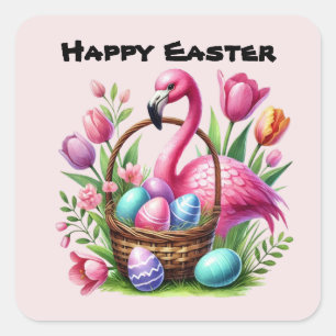 Schattigee Happy Easter Pink Flamingo Vierkante Sticker