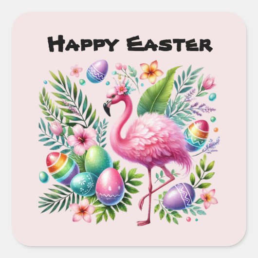 Schattigee Happy Easter Pink Flamingo Vierkante Sticker (Voorkant)
