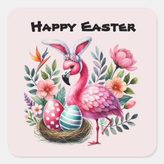 Schattigee Happy Easter Pink Flamingo Vierkante Sticker (Voorkant)
