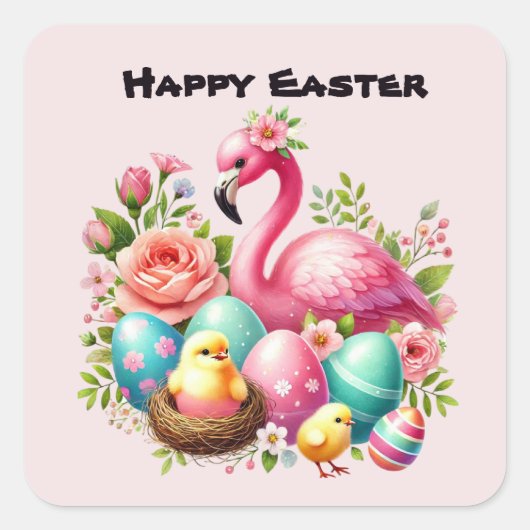 Schattigee Happy Easter Pink Flamingo Vierkante Sticker (Voorkant)