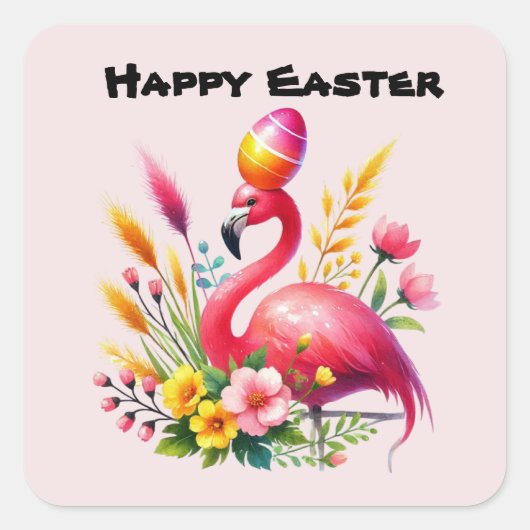 Schattigee Happy Easter Pink Flamingo Vierkante Sticker (Voorkant)