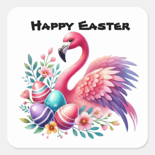Schattigee Happy Easter Pink Flamingo Vierkante Sticker (Voorkant)