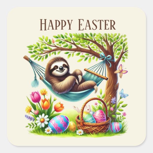 Schattigee Happy Easter Sloth Holiday Vierkante Sticker (Voorkant)