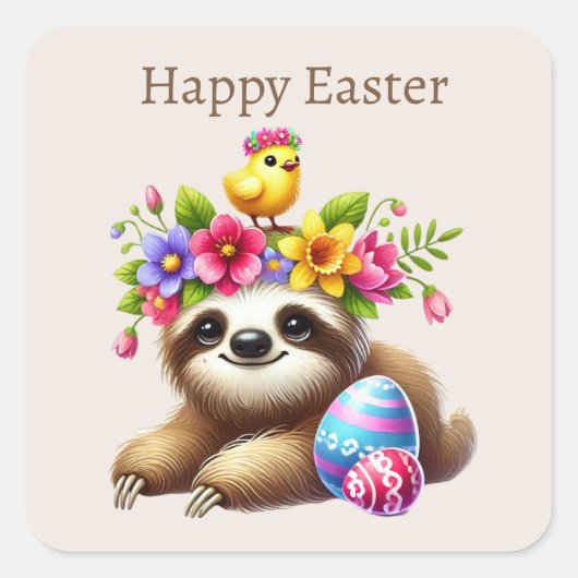 Schattigee Happy Easter Sloth Square Sticker (Voorkant)