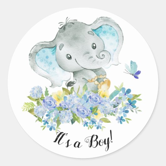 Schattigee Happy Elephant Het is een Boy Favor Sti Ronde Sticker (Voorkant)