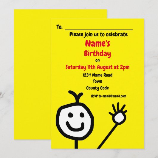 Schattigee Happy Face Yellow Party Uitnodiging (Voorkant / Achterkant)