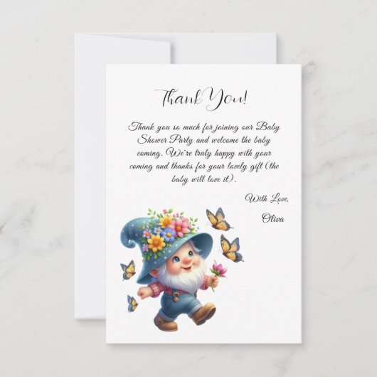 Schattigee Happy Gnome met vlinder Baby shower Bedankkaart (Voorkant)