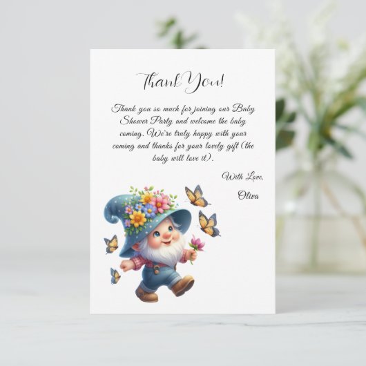 Schattigee Happy Gnome met vlinder Baby shower Bedankkaart (Staand voorkant)