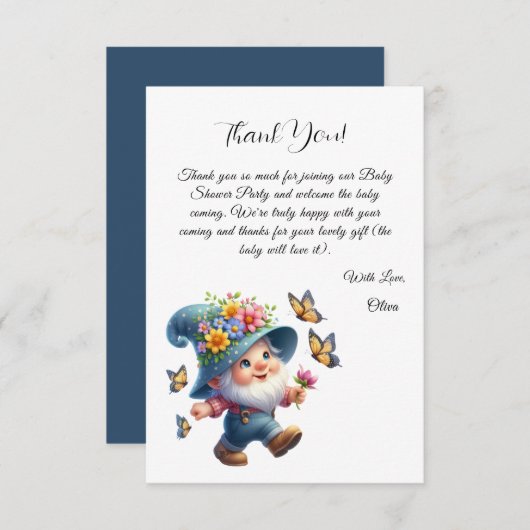 Schattigee Happy Gnome met vlinder Baby shower Bedankkaart (Voorkant / Achterkant)