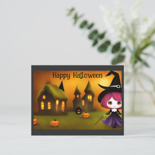 Schattigee Happy Halloween Anime Witch Pumpkin Briefkaart (Staand voorkant)