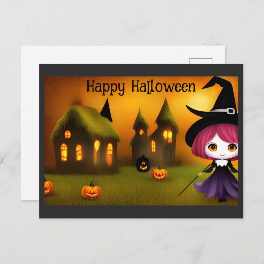 Schattigee Happy Halloween Anime Witch Pumpkin Briefkaart (Voorkant / Achterkant)