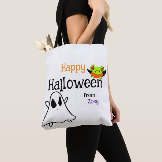 Schattigee Happy Halloween Canvas tas met ghostie (Dichtbij)