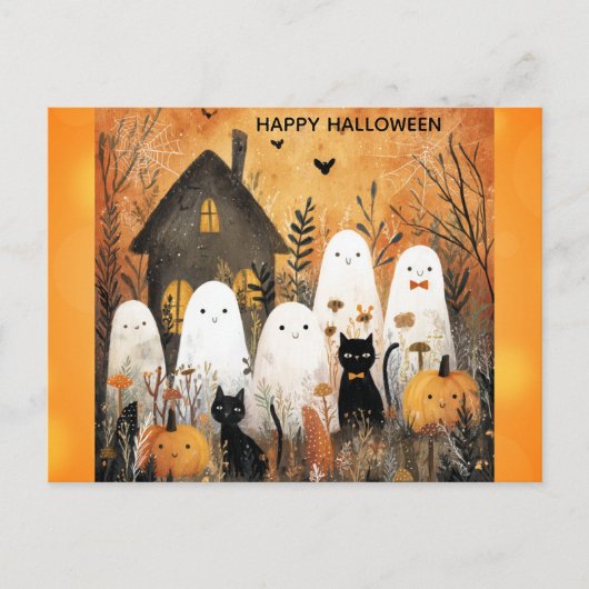 Schattigee Happy Halloween Ghost Black Cat Pumpkin Briefkaart (Voorkant)