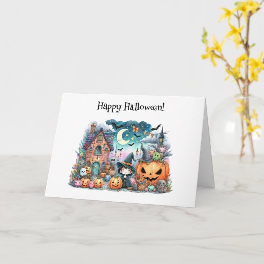 Schattigee Happy Halloween Kawaii Groet Kaart (Gele Bloem)