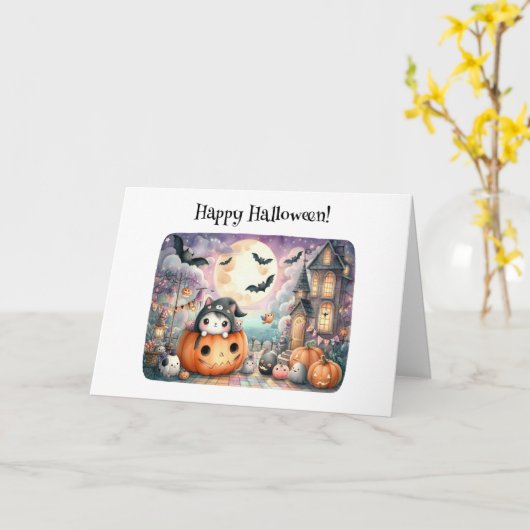 Schattigee Happy Halloween Kawaii Groet Kaart (Gele Bloem)