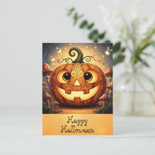 Schattigee Happy Halloween Oktober Oranje Pompoen Briefkaart (Staand voorkant)