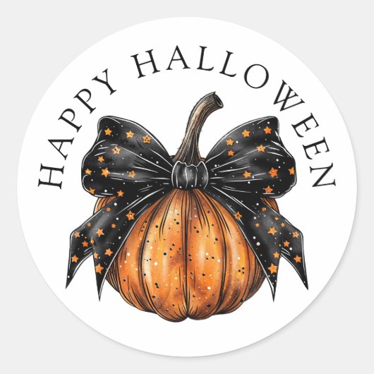 Schattigee Happy Halloween Pumpkin Black Star Bow Ronde Sticker (Voorkant)