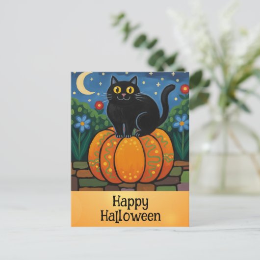 Schattigee Happy Halloween Zwarte Kat Sinaasappel  Briefkaart (Staand voorkant)