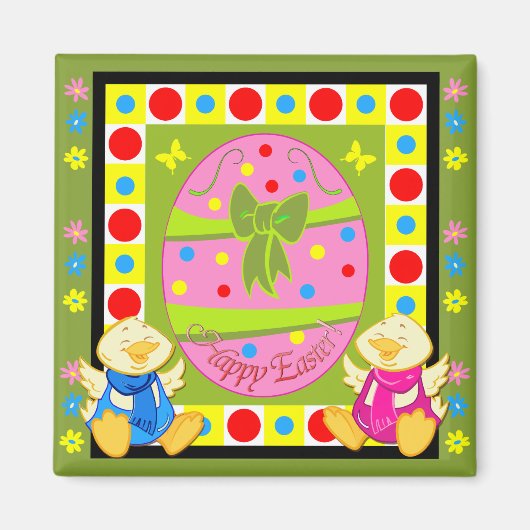 Schattigee Happy Paasmagneet met ei en kippen Magneet (Voorkant)