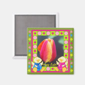 Schattigee Happy Paasmagneet met kippen en tulp Magneet (Voorkant / Achterkant)