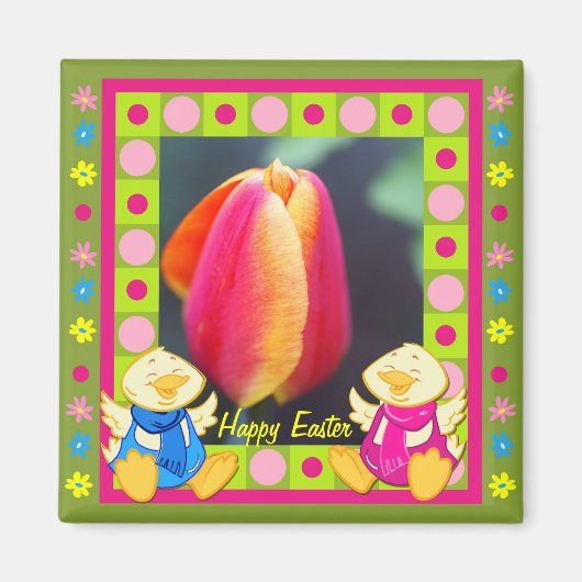 Schattigee Happy Paasmagneet met kippen en tulp Magneet (Voorkant)