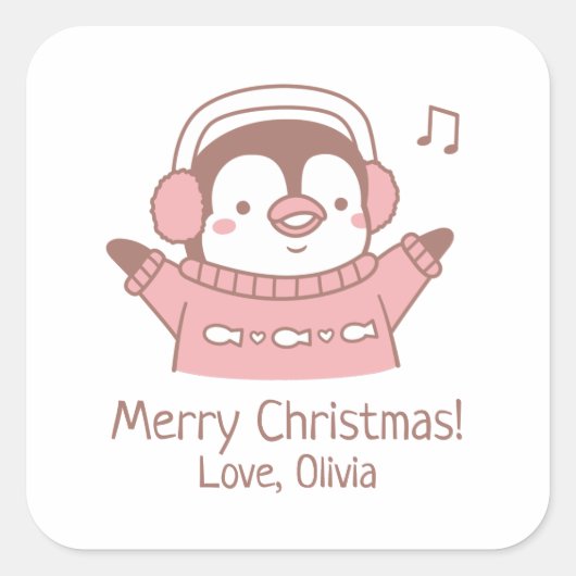 Schattigee Happy Penguin in Trui, Vrolijk Kerstfee Vierkante Sticker (Voorkant)