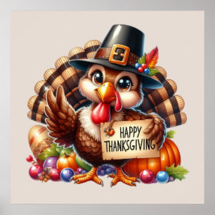 Schattigee Happy Thanksgiving kalkoen Poster