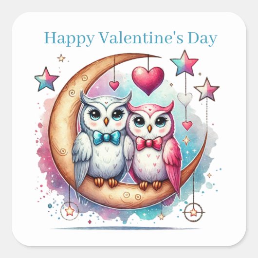Schattigee Happy Valentine's Day Uilen Vierkante Sticker (Voorkant)