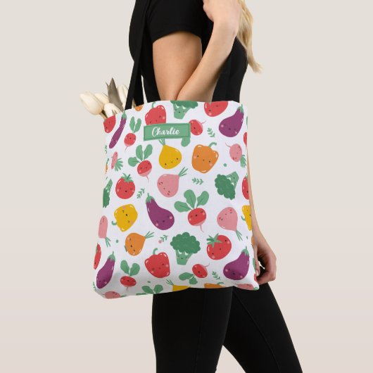 Schattigee Happy Veggies op witte achtergrond Tote Bag (Dichtbij)