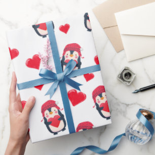Schattigee Hart Pinguïn Winter Cadeaupapier