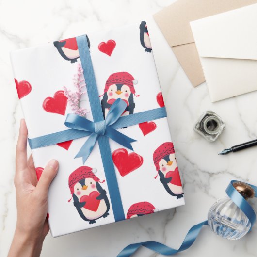 Schattigee Hart Pinguïn Winter Cadeaupapier (Geschenken)