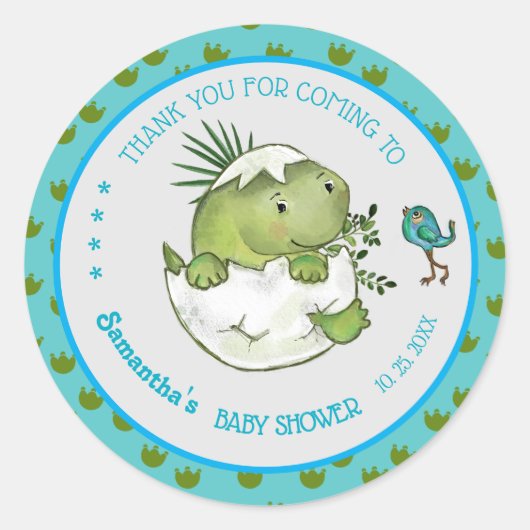 Schattigee Hatching Dino Custom Baby shower Dank u Ronde Sticker (Voorkant)
