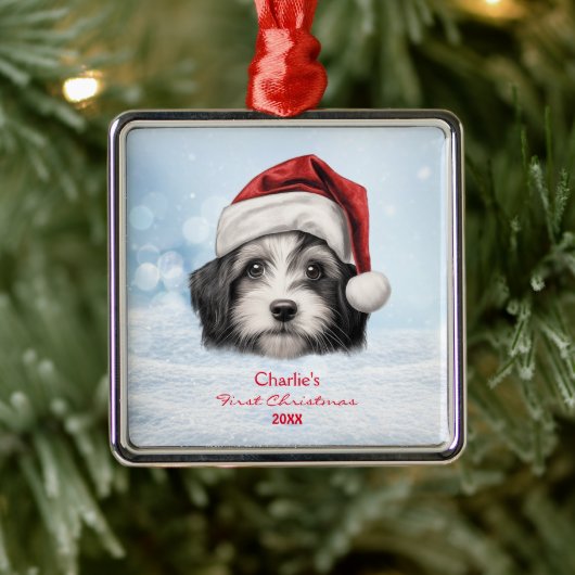 Schattigee Havanese Dog Santa Hat gepersonaliseerd Metalen Ornament (Boom)