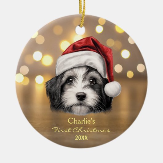 Schattigee Havanese Hond Santa Hoed 1e Kerstmis Keramisch Ornament (Voorkant)