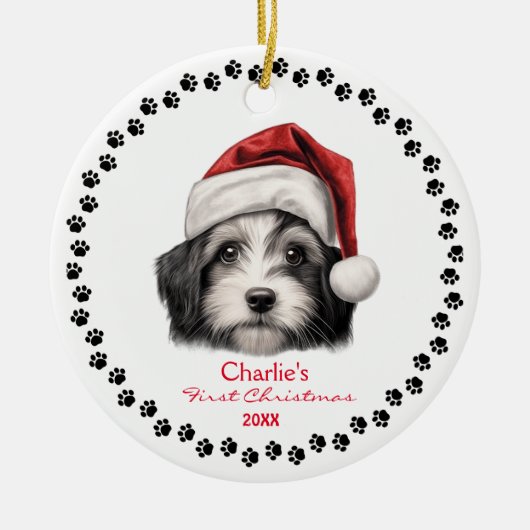 Schattigee Havanese Hond Santa Hoed Paw 1e Kerstmi Keramisch Ornament (Voorkant)