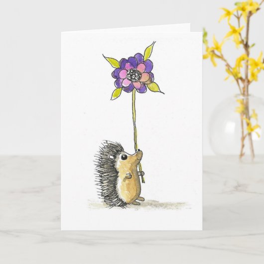 Schattigee Hedgehog Art, Ink en Waterverf Print Kaart (Gele Bloem)