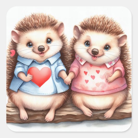 Schattigee Hedgehog Couple Valentijnsdag Vierkante Sticker (Voorkant)