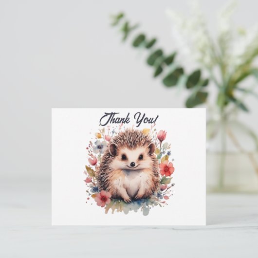Schattigee Hedgehog in waterverf bloemen Dank u Briefkaart (Staand voorkant)