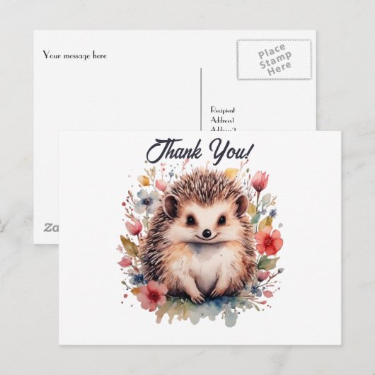 Schattigee Hedgehog in waterverf bloemen Dank u Briefkaart (Voorkant / Achterkant)