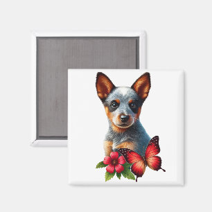 Schattigee Heeler Puppy Met Vlinder En Bloem Magneet
