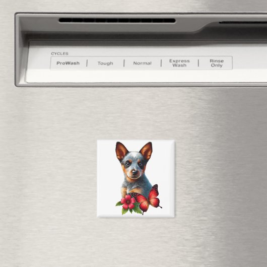 Schattigee Heeler Puppy Met Vlinder En Bloem Magneet (Insitu (Vaatwasser))