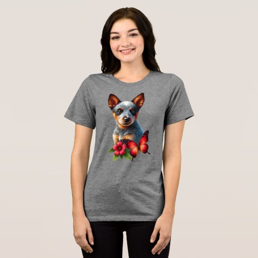 Schattigee Heeler Puppy Met Vlinder En Bloem Tri-Blend Shirt (Voorkant volledig)