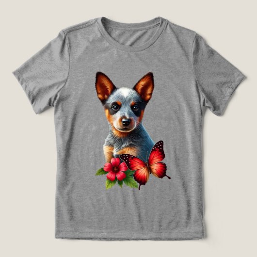 Schattigee Heeler Puppy Met Vlinder En Bloem Tri-Blend Shirt (Design voorkant)