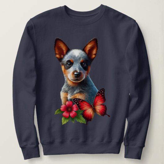 Schattigee Heeler Puppy Met Vlinder En Bloem Trui (Design voorkant)