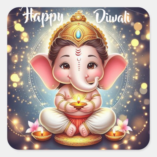 Schattigee heer Ganesh Happy Diwali Vierkante Sticker (Voorkant)