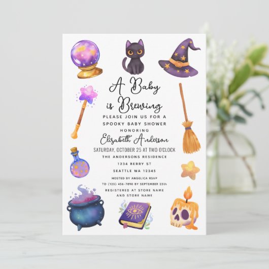 Schattigee heks Baby brouwt Halloween Baby shower Kaart (Staand voorkant)