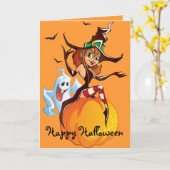 Schattigee heks en geest Halloween Kaart (Gele Bloem)