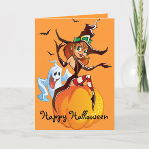 Schattigee heks en geest Halloween Kaart
